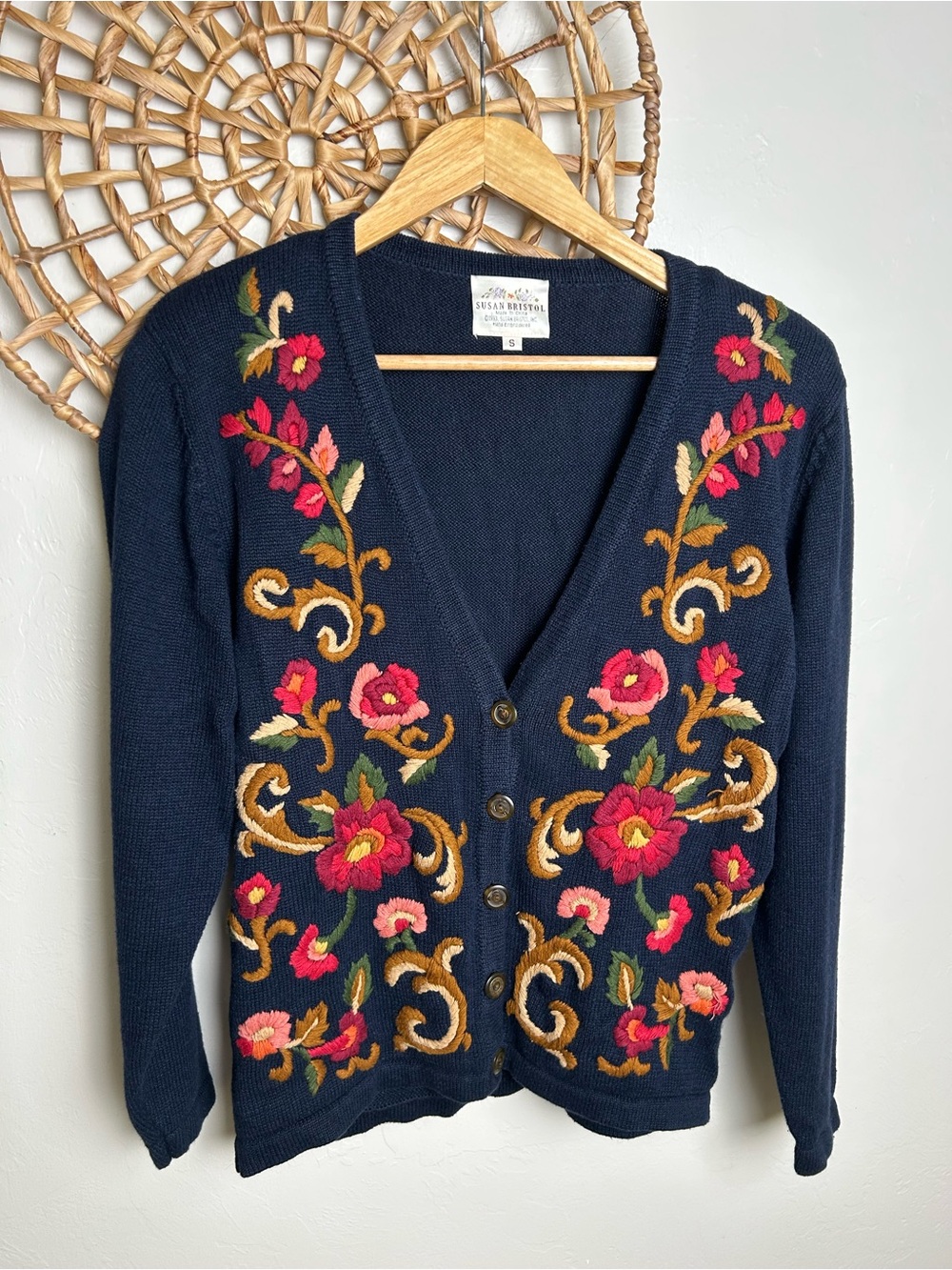 Susan Bristol Navy Cardigan with Pink & Red Floral Embroidery